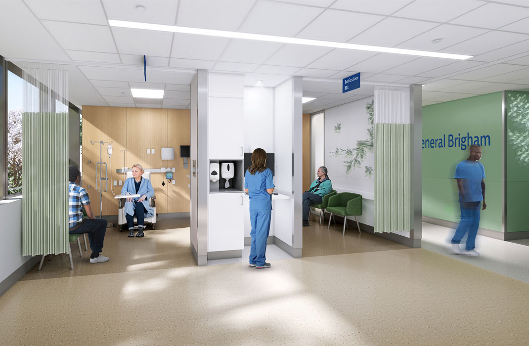 Rendering of Mass General Brigham Cancer Institute infusion space 
