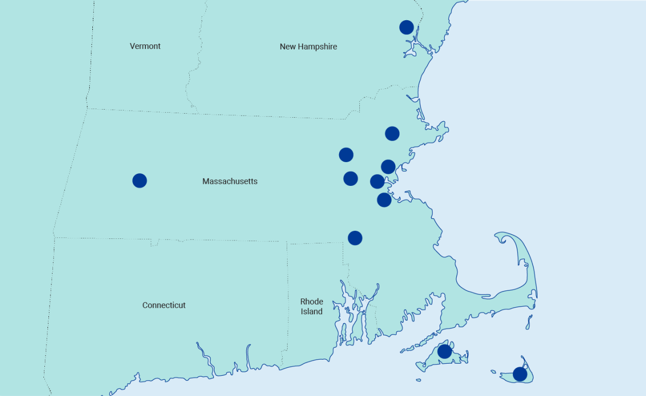 Map of New England marking where Cancer Institute locations are.