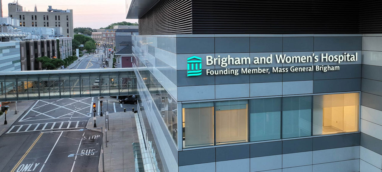 Exterior building shot with the Brigham and Women's Hospital logo