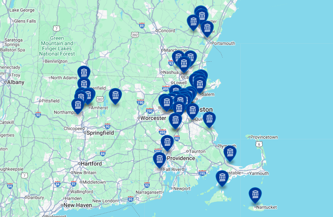 a map showing Mass General Brigham orthopedics location in the greater Boston area