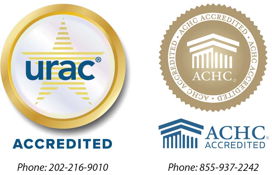 URAC and ACHC Accredited logos with phone numbers. URAC phone number: 202-216-9010. ACHC phone number: 855-937-2242.