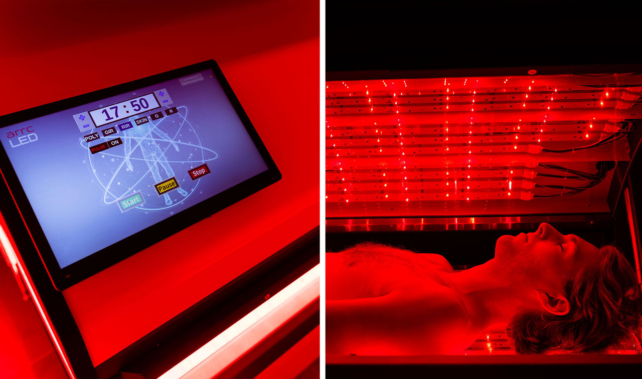 man laying in photobiomodulation therapy bed