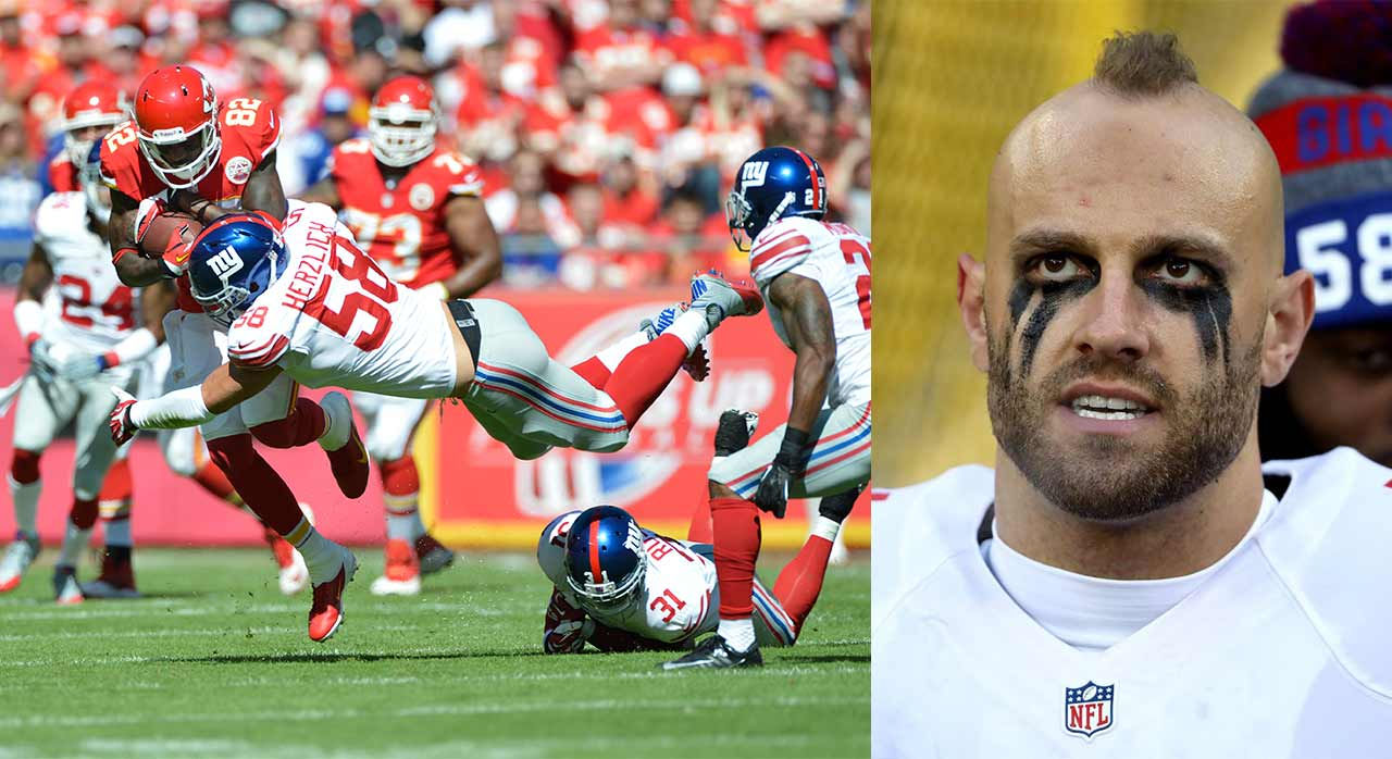 Mark Herzlich in action during football game