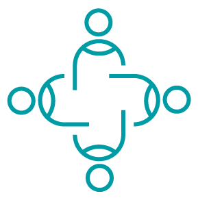 An icon that includes four people in a circle, symbolizing community
