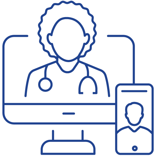 Line art of physicians on a destop computer screen and a cell phone screen.