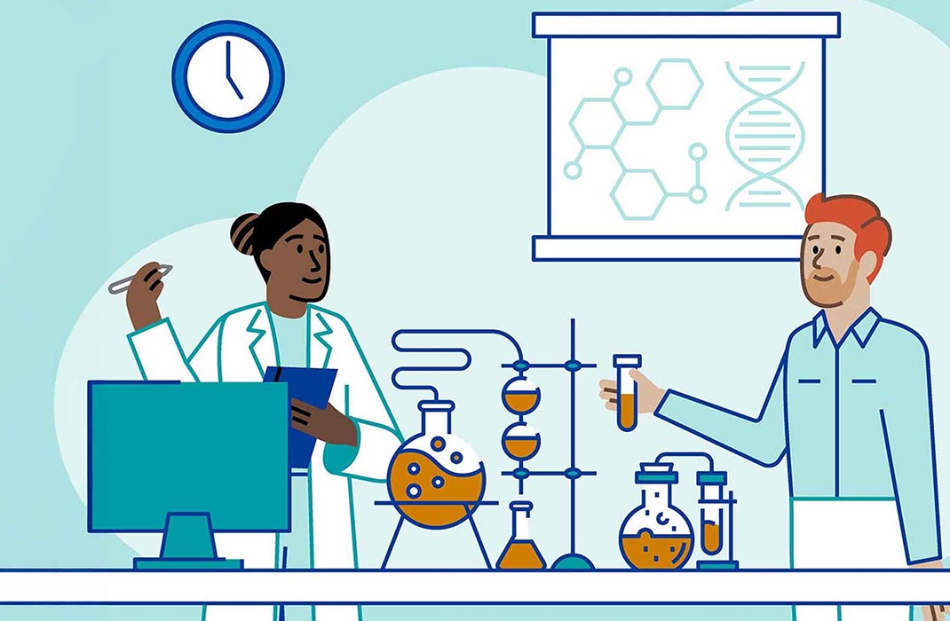 illustration of two researchers in lab setting