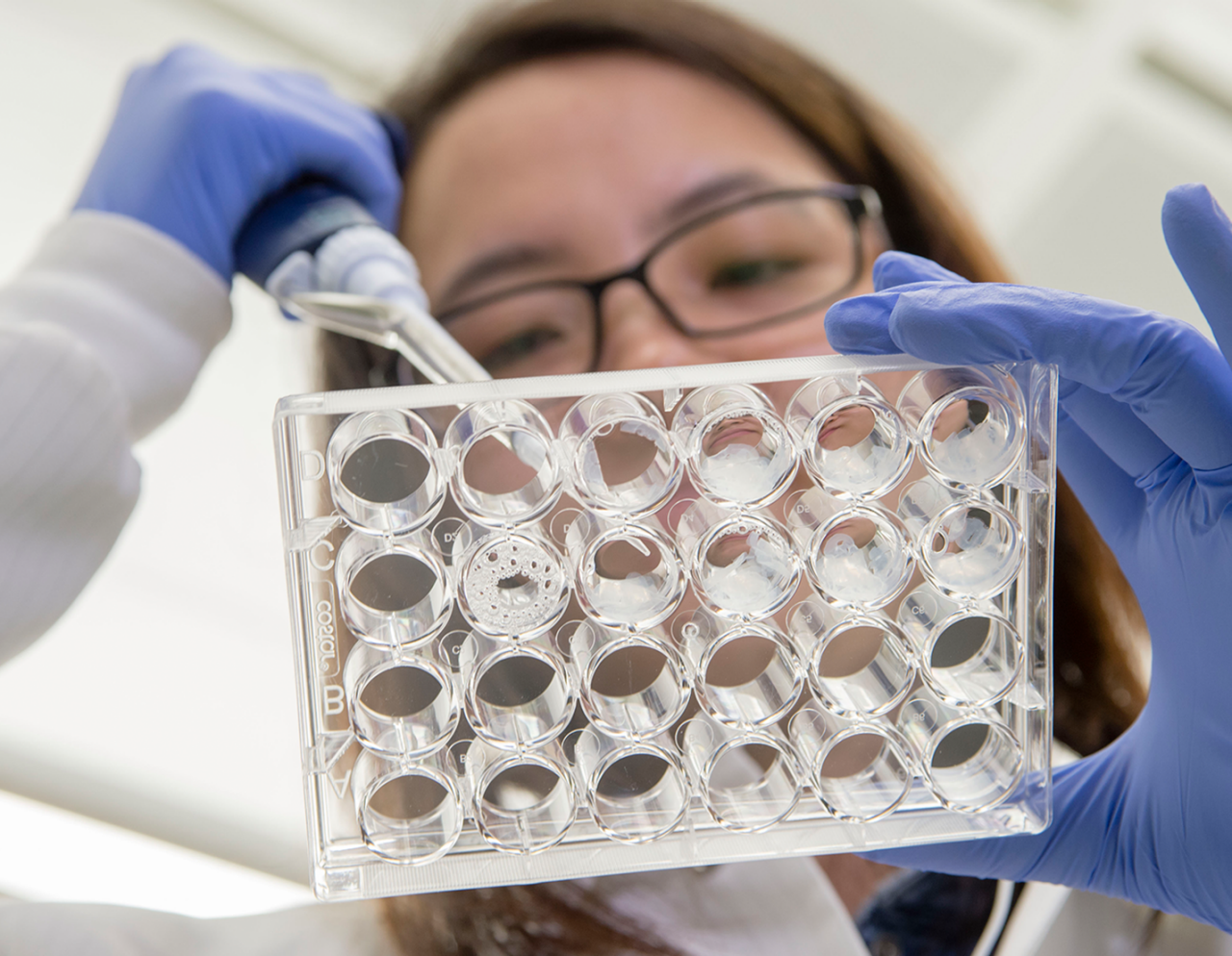 female researcher piping research samples into a clear tray