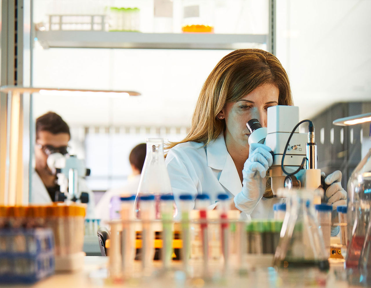 researcherd in lab looking in microscopes