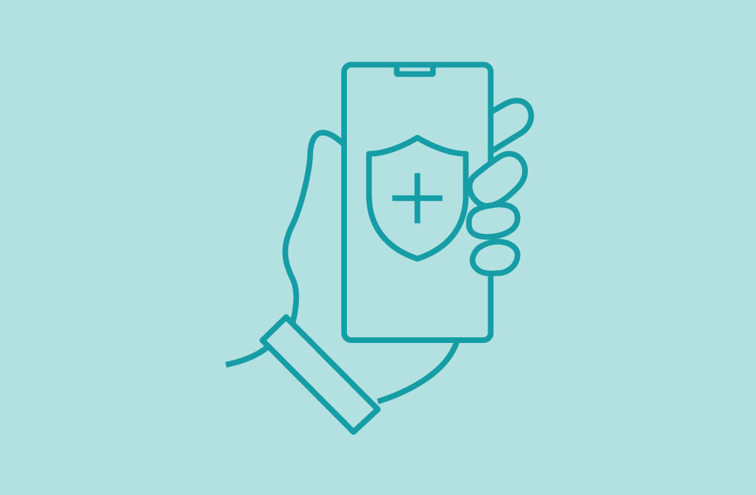 line illustration of a hand holding a smartphone with a health cross symbol on the screen