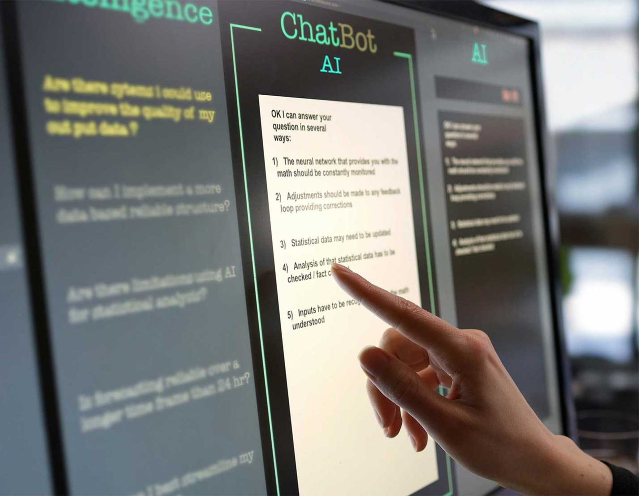A hand touches a screen with a panel labeled ChatBot AI.