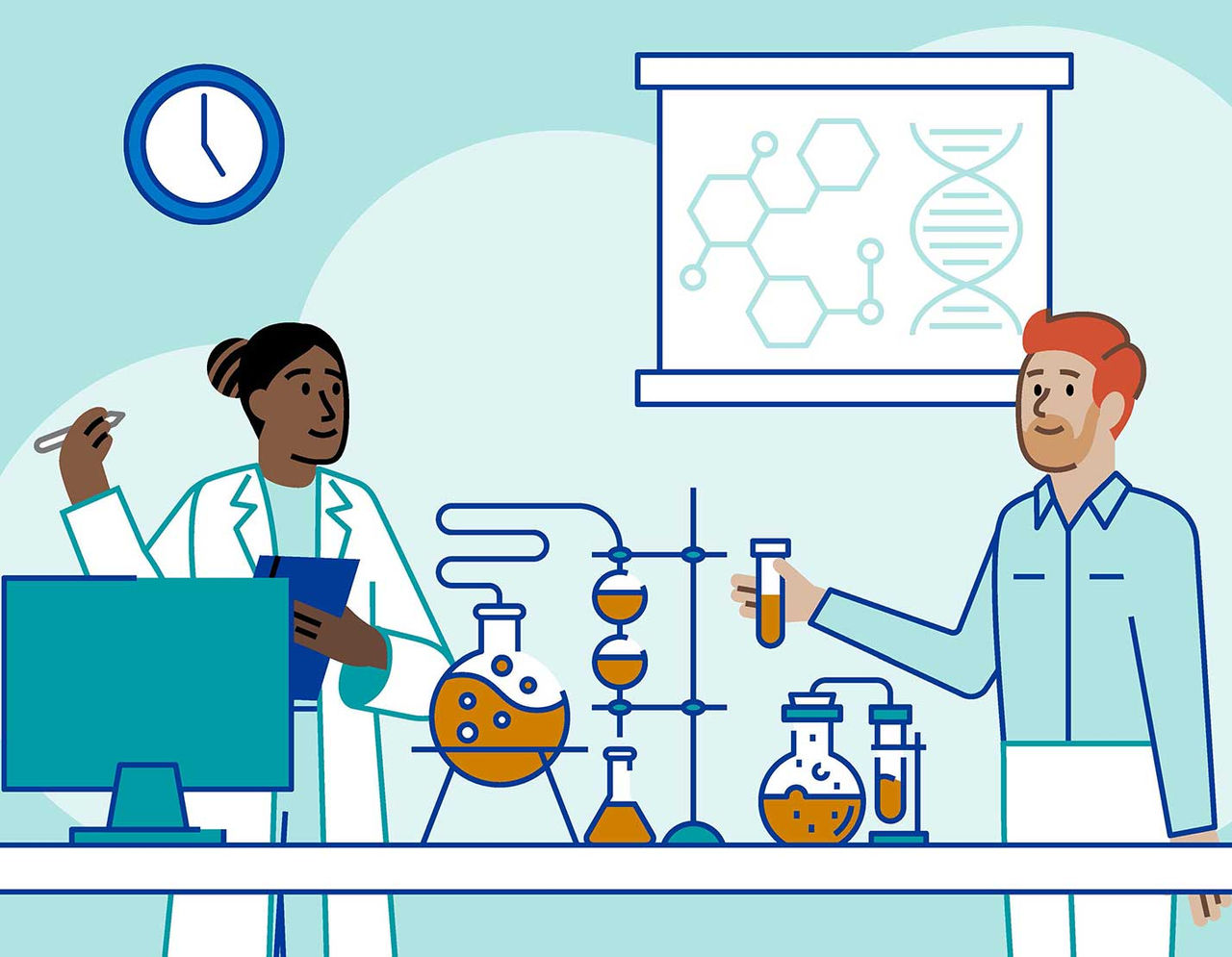 illustration of two researchers in lab during an experiment